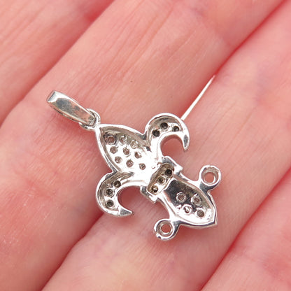 925 Sterling Silver Real Round-Cut Black & White Diamond Fleur de Lis Pendant