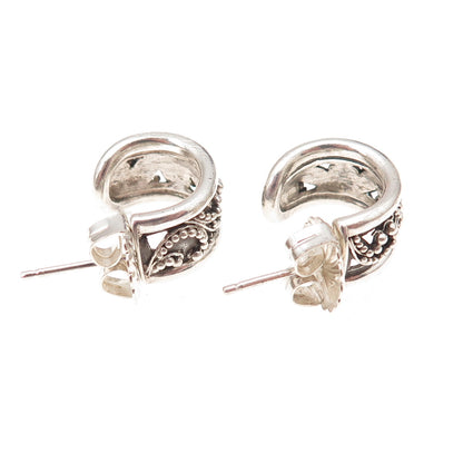 Lois Hill 925 Sterling Silver Vintage Granulated Scroll Hoop Earrings