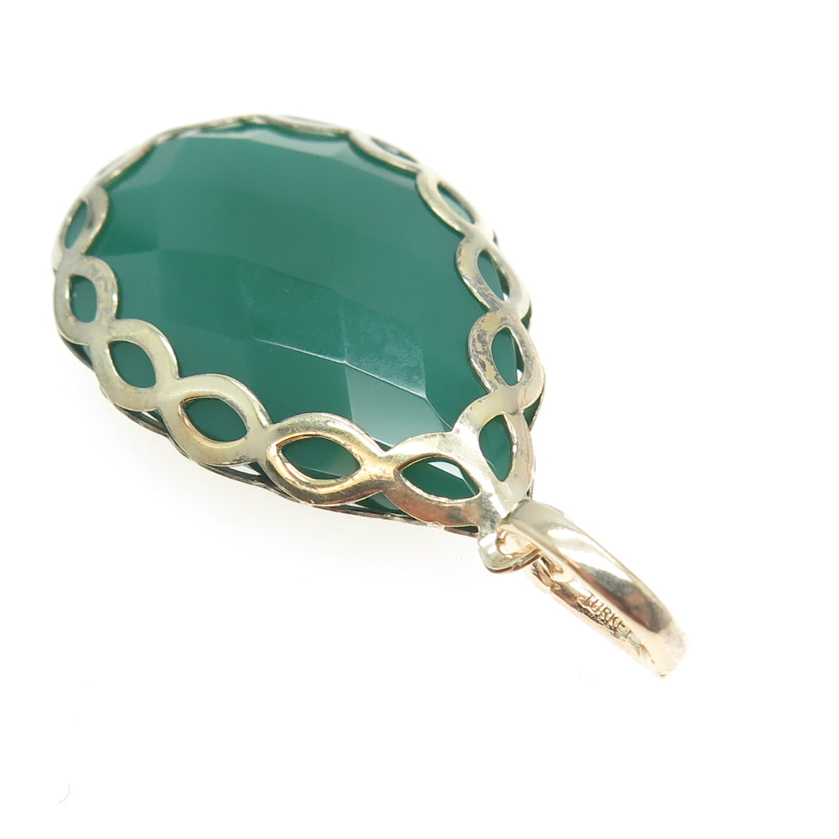 925 Sterling Silver Gold Plated Real Pear-Cut Green Onyx Drop Pendant