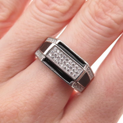 925 Sterling Silver Black Enamel & Round-Cut C Z Signet Ring Size 10.75