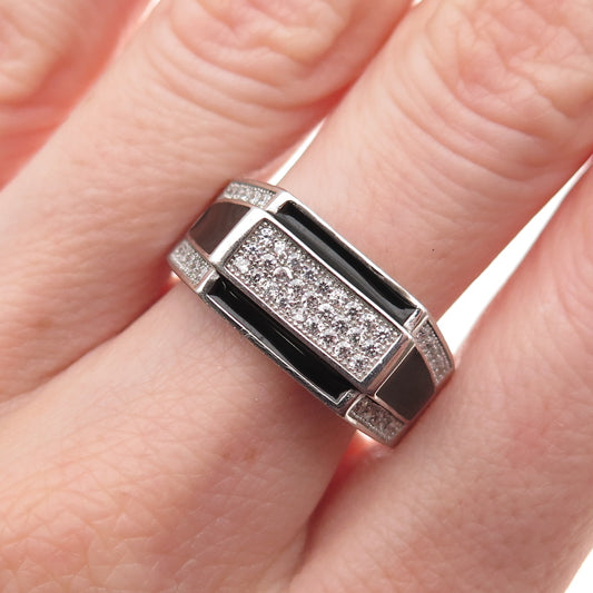 925 Sterling Silver Black Enamel & Round-Cut C Z Signet Ring Size 10.75
