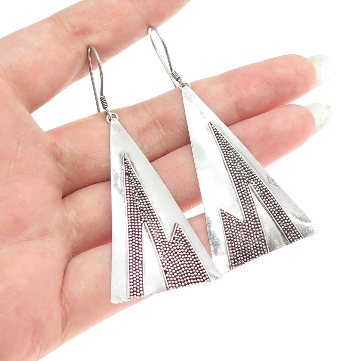 925 Sterling Silver Vintage Granulated Modernist Mountain Dangling Earrings