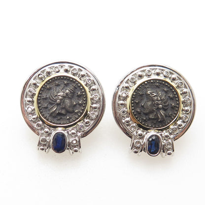 925 Sterling Silver 2-Tone Real Diamond & Sapphire Macedonian Cameo Earrings