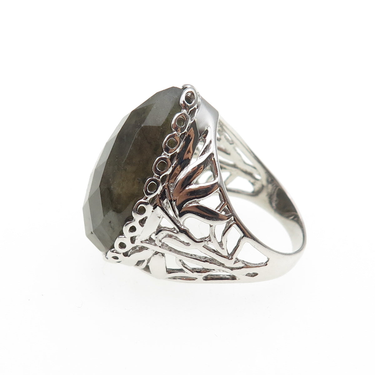 925 Sterling Silver Real Labradorite Floral Teardrop Ring Size 8.25