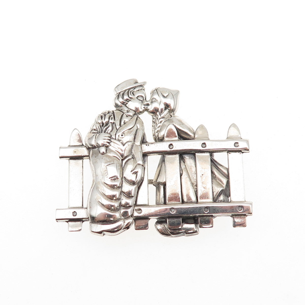 925 Sterling Silver Vintage Dutch Couple Kissing Oxidized Pin Brooch