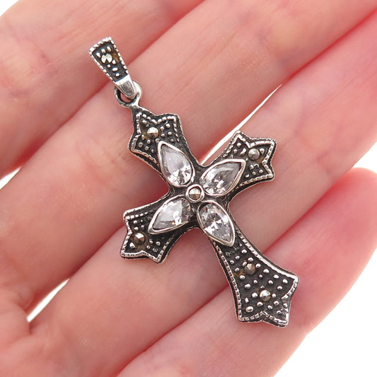 925 Sterling Silver Vintage Real Marcasite & C Z Cross Oxidized Charm Pendant