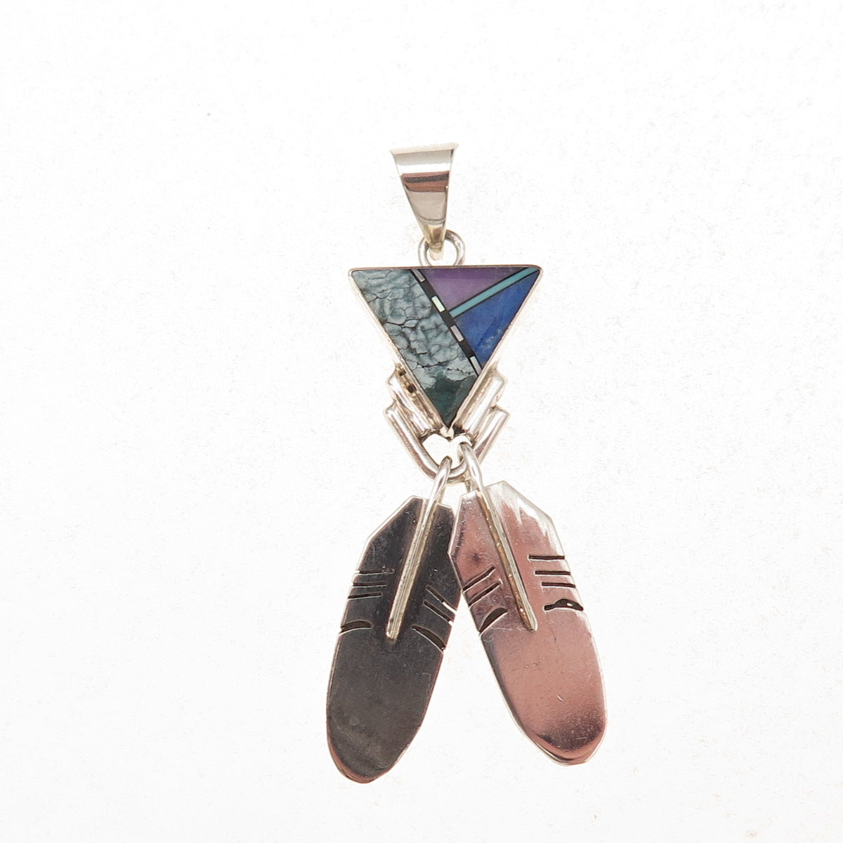 Duran Gasper Zuni Old Pawn 925 Sterling Silver Vintage Multi-Gem Feather Pendant