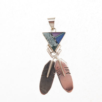 Duran Gasper Zuni Old Pawn 925 Sterling Silver Vintage Multi-Gem Feather Pendant
