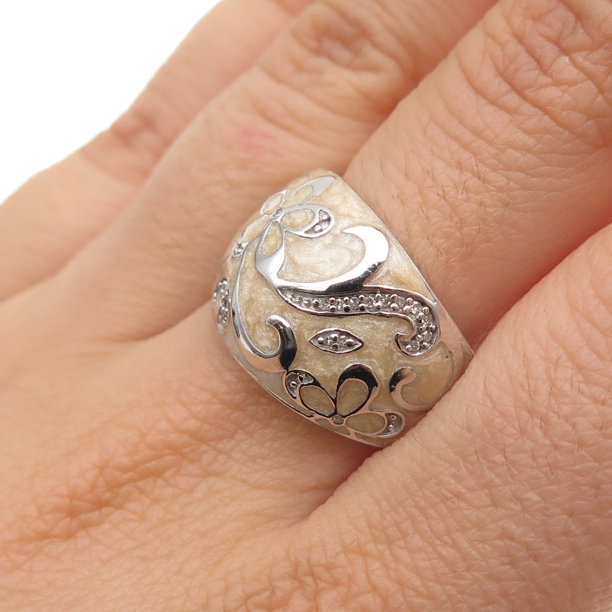 JANE SEYMOUR 925 Sterling Silver Enamel Real Diamond Flower Ring Size 8.25