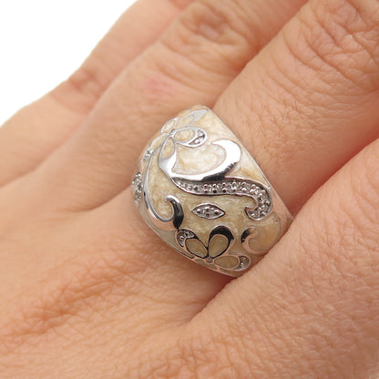 JANE SEYMOUR 925 Sterling Silver Enamel Real Diamond Flower Ring Size 8.25