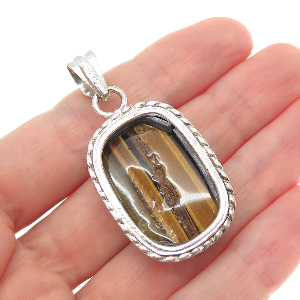 925 Sterling Silver Vintage Real Cabochon Tiger Eye Charm Pendant