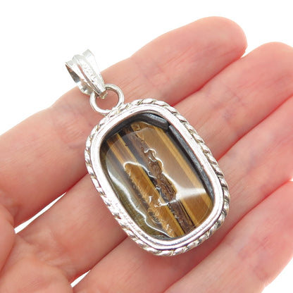 925 Sterling Silver Vintage Real Cabochon Tiger Eye Charm Pendant