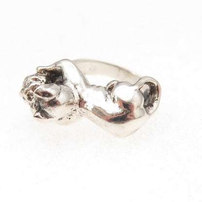 925 Sterling Silver Vintage Cat & Ball Oxidized Ring Size 6