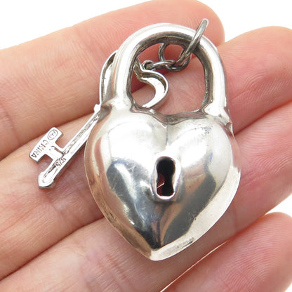 925 Sterling Silver Vintage Puffy Heart Lock & Key 3D Pendant