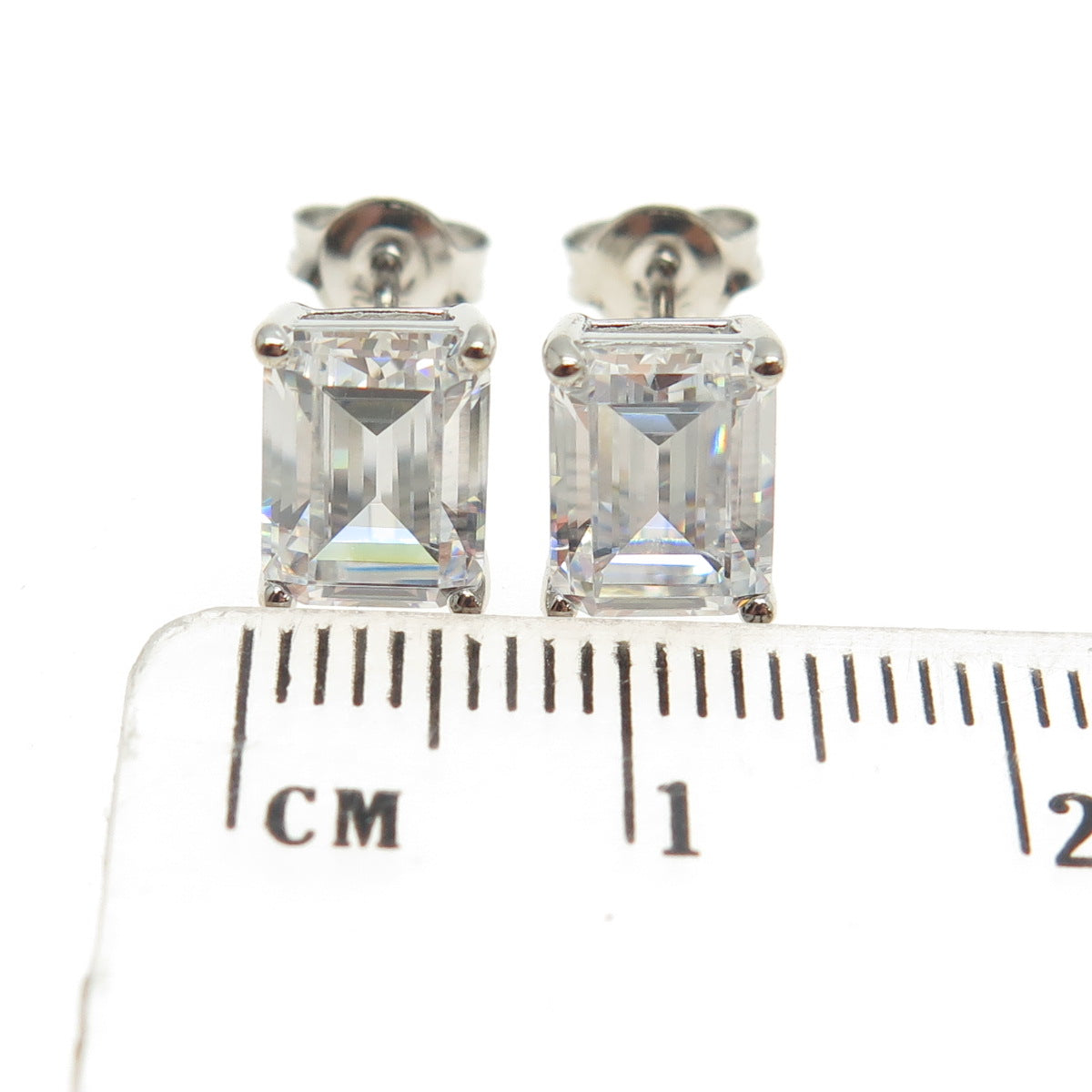 925 Sterling Silver Emerald-Cut C Z Stud Earrings