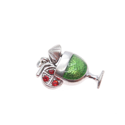925 Sterling Silver Vintage Enamel Red Rhinestone Cocktail Minimalist Pendant