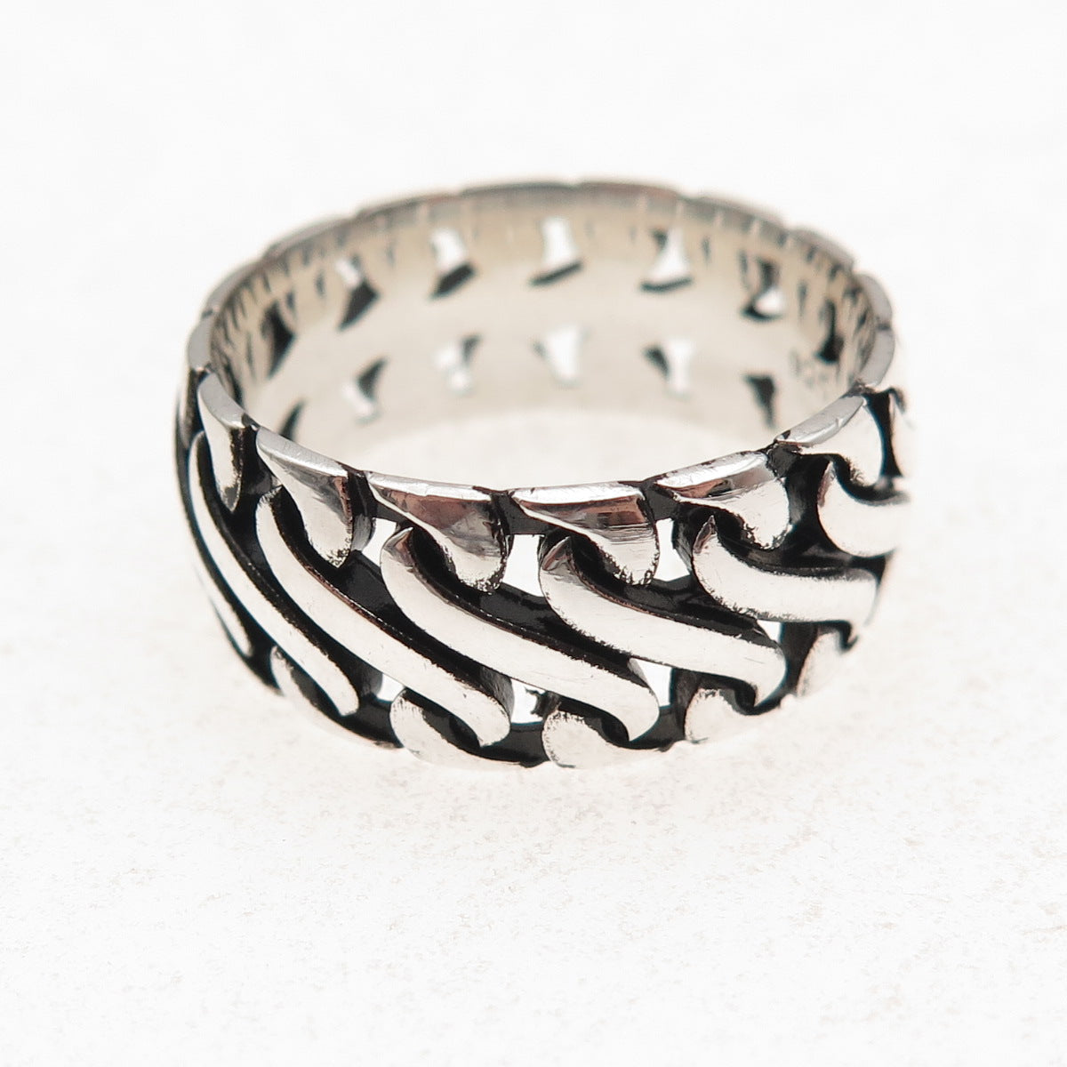 925 Sterling Silver Vintage S-Link Oxidized Wide Band Ring Size 10.25