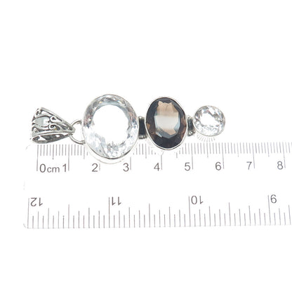 925 Sterling Silver Vintage Real White Topaz & Smoky Quartz Graduated Pendant
