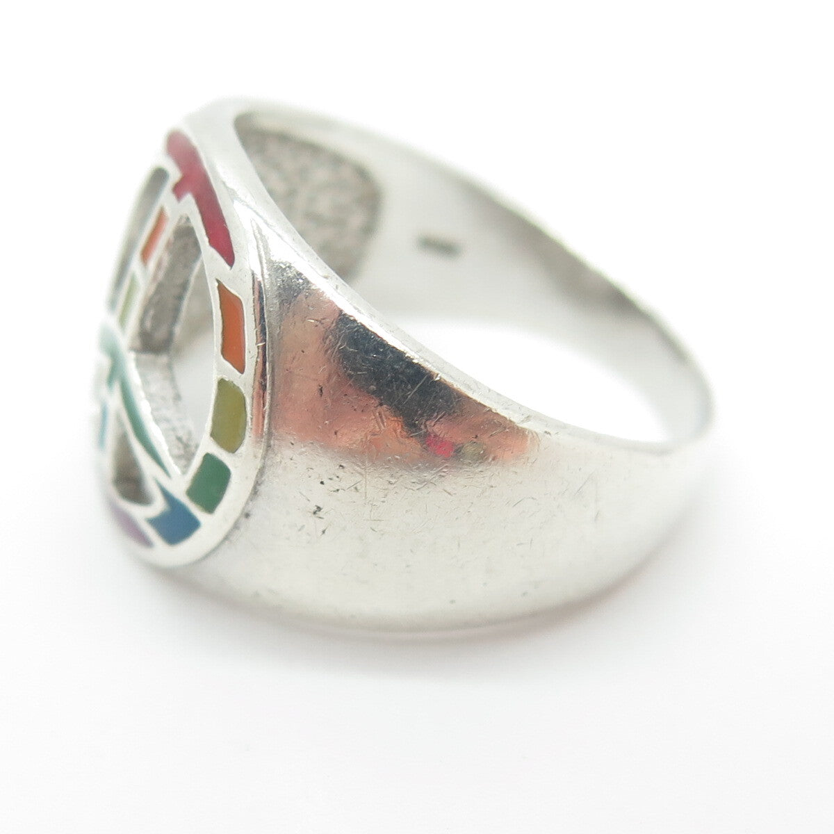 925 Sterling Silver Vintage Enamel Pride Flag Peace Symbol Ring Size 8.25