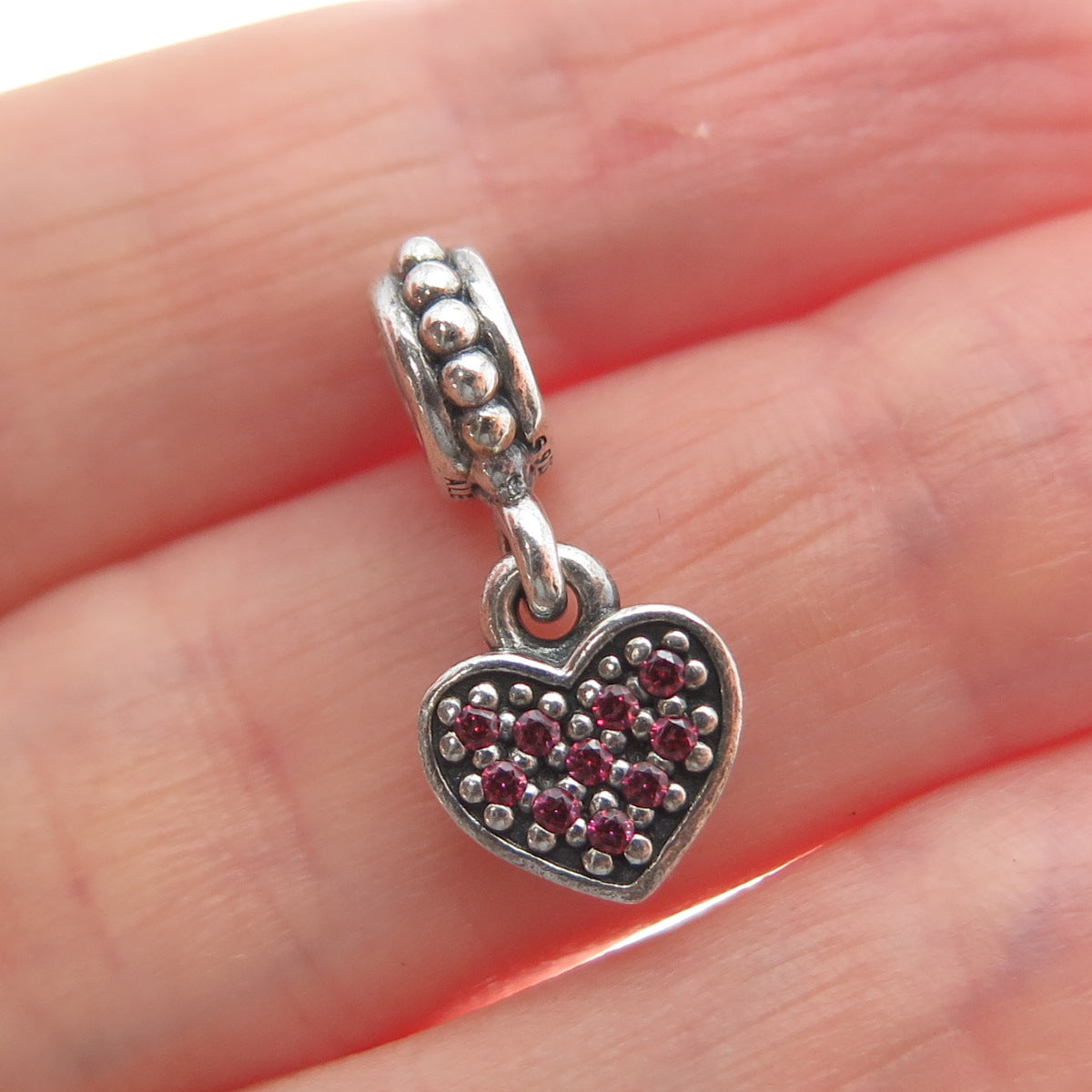 PANDORA 925 Sterling Silver Pink Round-Cut Shaped C Z Heart Dangle Charm