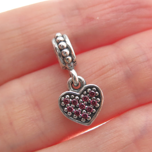 PANDORA 925 Sterling Silver Pink Round-Cut Shaped C Z Heart Dangle Charm