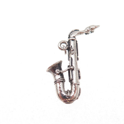 925 Sterling Silver Antique Art Deco Saxophone Oxidized 3D Charm Pendant