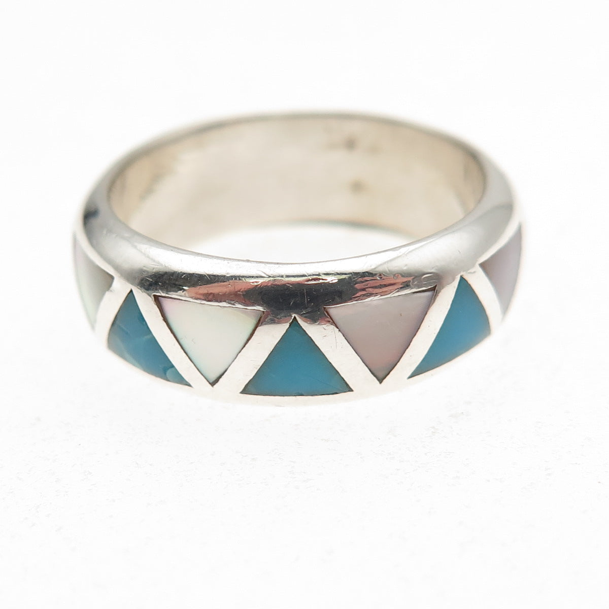 Silver Cloud Old Pawn 925 Sterling Vintage Turquoise & MOP Band Ring Size 7.5