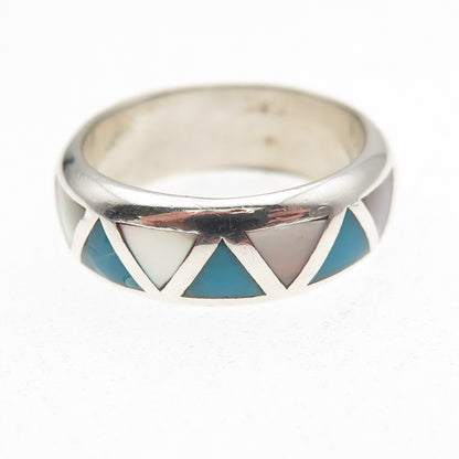 Silver Cloud Old Pawn 925 Sterling Vintage Turquoise & MOP Band Ring Size 7.5