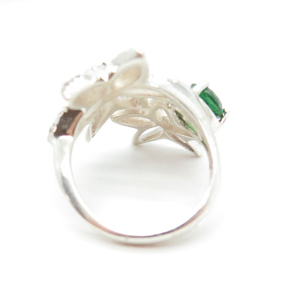 925 Sterling Silver Chrome Diopside & C Z Floral Ring Size 6