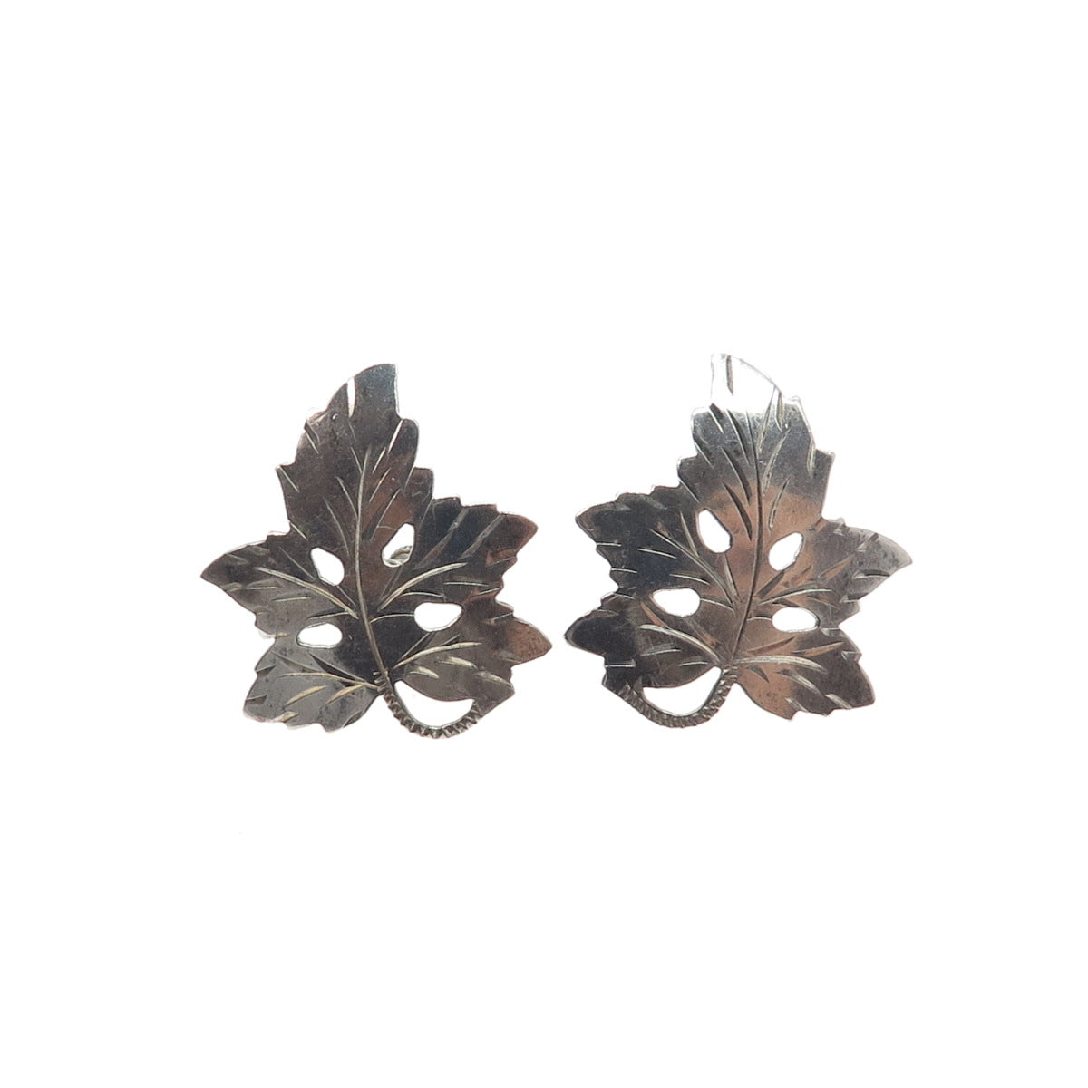 925 Sterling Silver Vintage Oak Leaf Floral Oxidized Screw Back Earrings