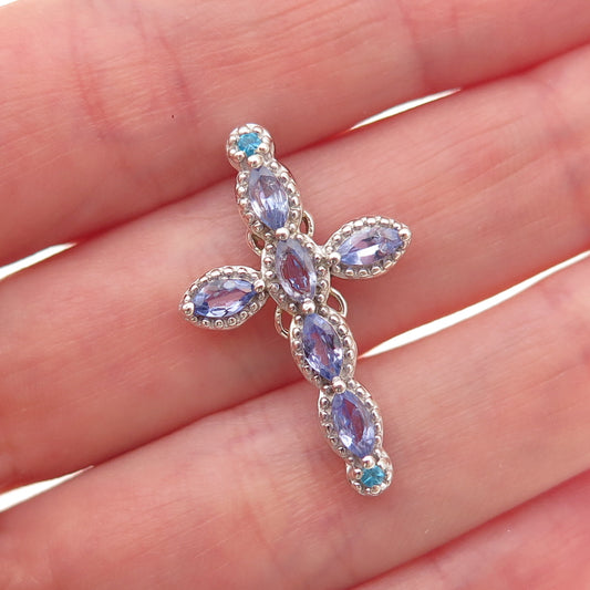 Chuck Clemency 925 Sterling Silver Real Tanzanite & Apatite Cross Slide Pendant