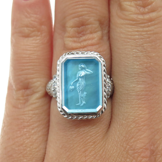 JUDITH RIPKA 925 Sterling Silver MOP C Z & Carved Glass Aphrodite Ring Size 6.25