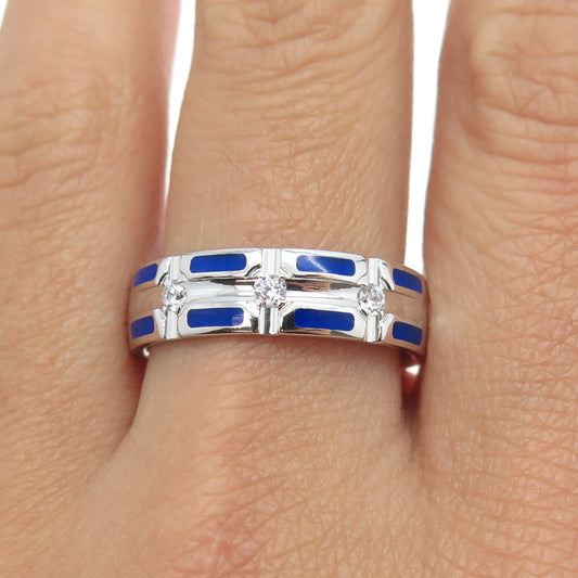 925 Sterling Silver C Z & Blue Enamel Band Ring Size 10