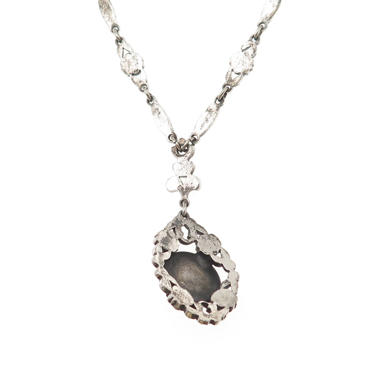 925 Sterling Antique Art Deco Real Marcasite & Blue Glass Chain Necklace 14"