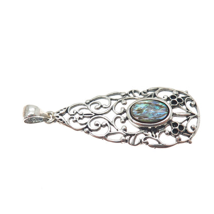 NEVADA 925 Sterling Silver Vintage Real Abalone Shell Ornate Teardrop Pendant