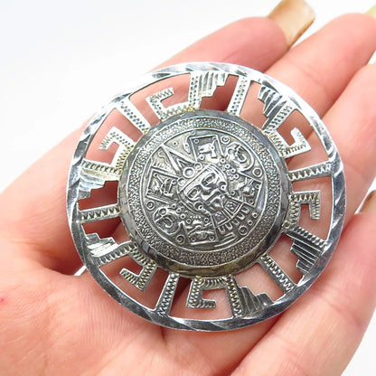 925 Sterling Silver Vintage Mexico Aztec Calendar Pin Brooch / Pendant