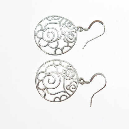 925 Sterling Silver Vintage Ornate Rose Flower Dangle Earrings