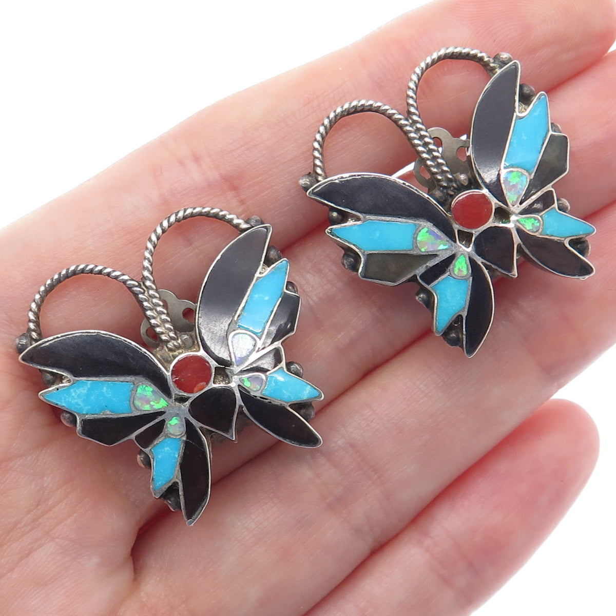 R WALLACE Old Pawn Sterling Opal Turquoise Coral Onyx Butterfly Clip On Earrings