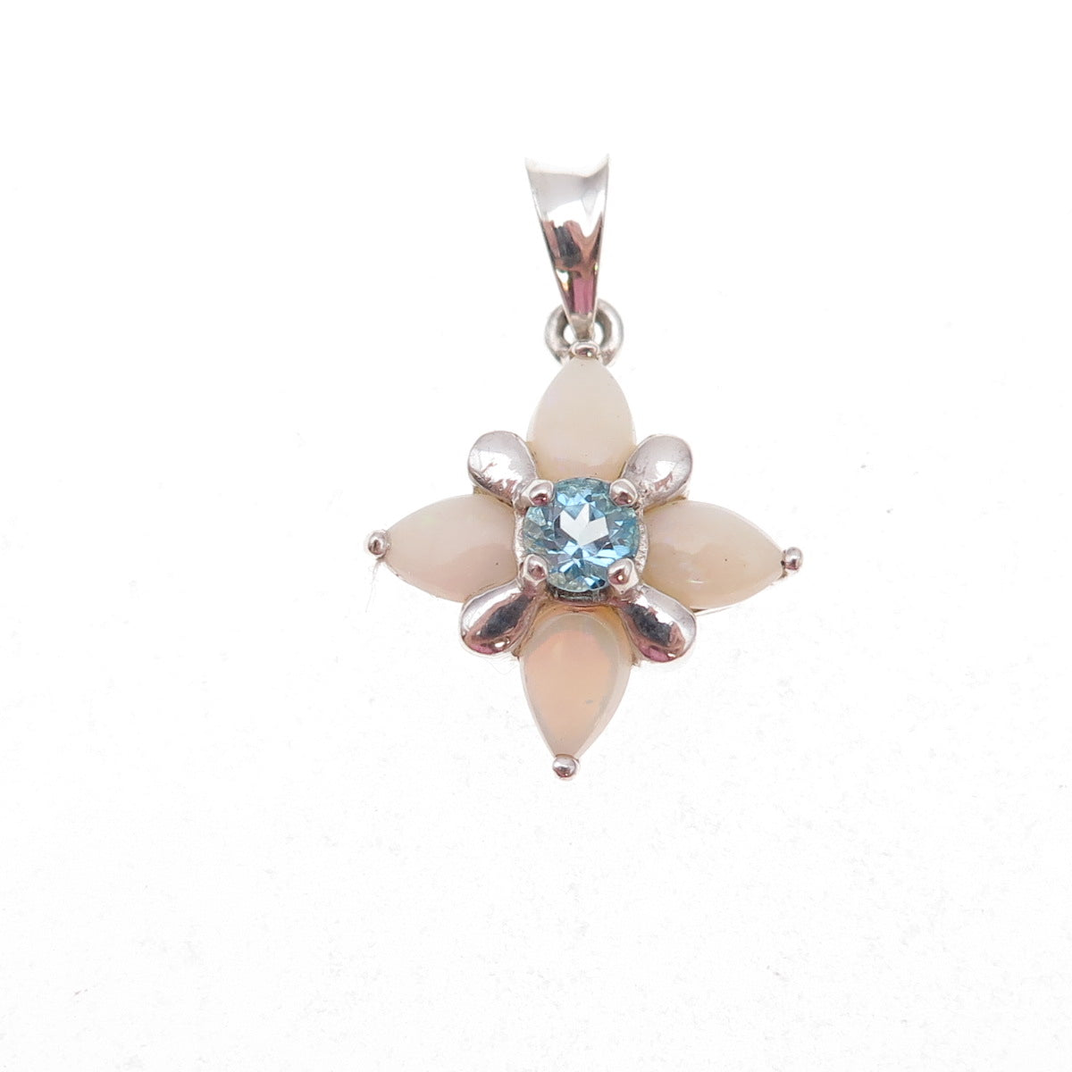 Pranda 925 Sterling Silver Vintage Real Blue Topaz & Opal Floral Charm Pendant