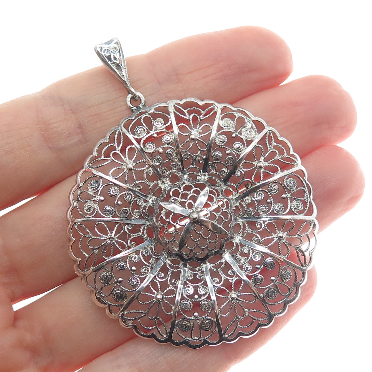 835 Silver Vintage Filigree Floral Oxidized Pendant