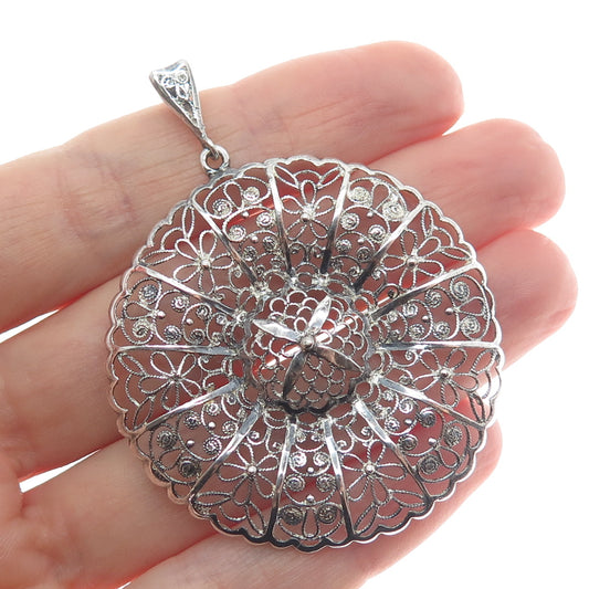 835 Silver Vintage Filigree Floral Oxidized Pendant