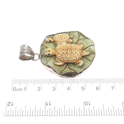 925 Sterling Silver Vintage Carved Mom & Child Turtle Modernist Oxidized Pendant