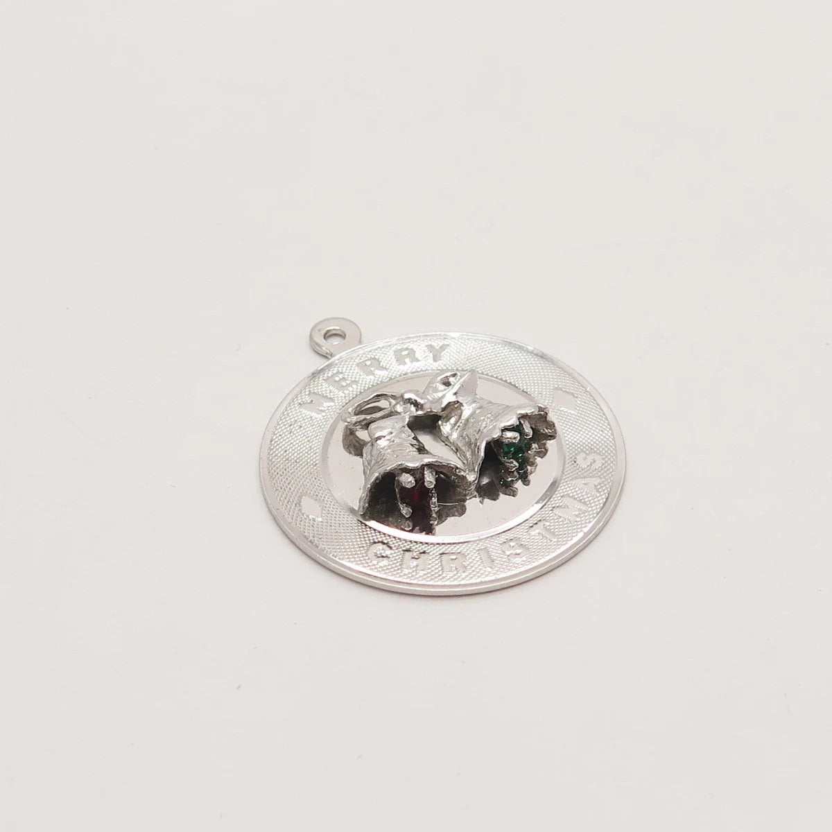 925 Sterling Silver Vintage Glass «Merry Christmas” Bells Round Pendant