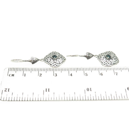 BERIA 925 Sterling Silver Green Rhinestone Ornate Square Dangling Earrings