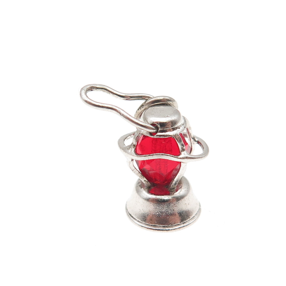 925 Sterling Silver Antique Art Deco Red Crystal Lantern 3D Mini Charm Pendant