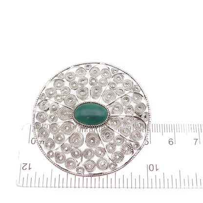 925 Sterling Silver Vintage Israel Real Green Onyx Floral Filigree Pin Brooch