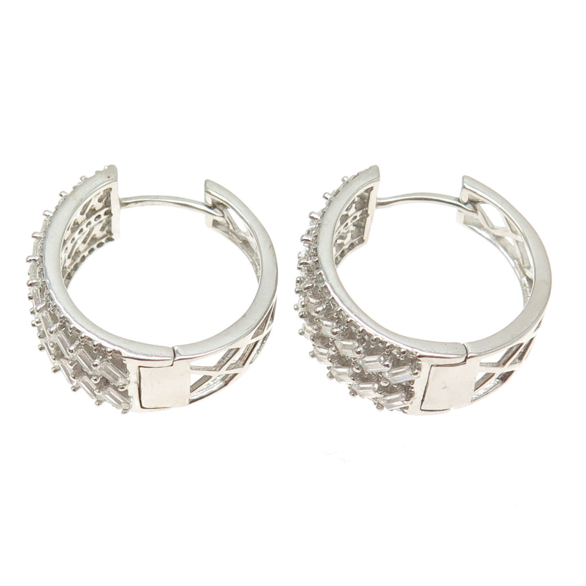 925 Sterling Silver Baguette & Round-Cut C Z Hoop Earrings