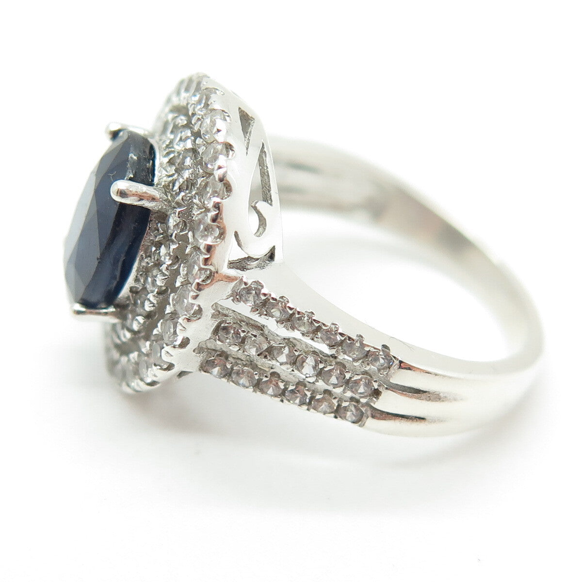 925 Sterling Silver Real White Topaz & Sapphire Gemstone Ring Size 6.25