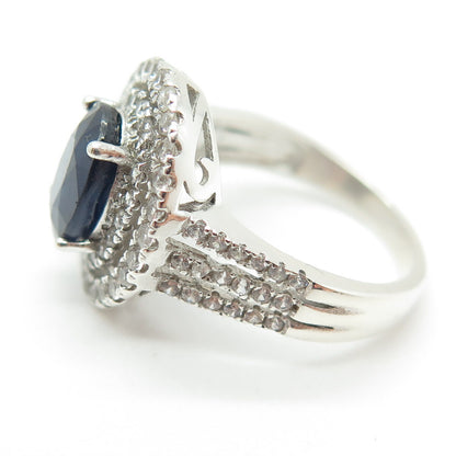 925 Sterling Silver Real White Topaz & Sapphire Gemstone Ring Size 6.25