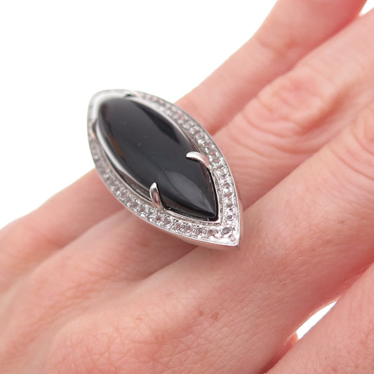 Clyde Duneier 925 Sterling Real Black Onyx & White Topaz Statement Ring Size 6